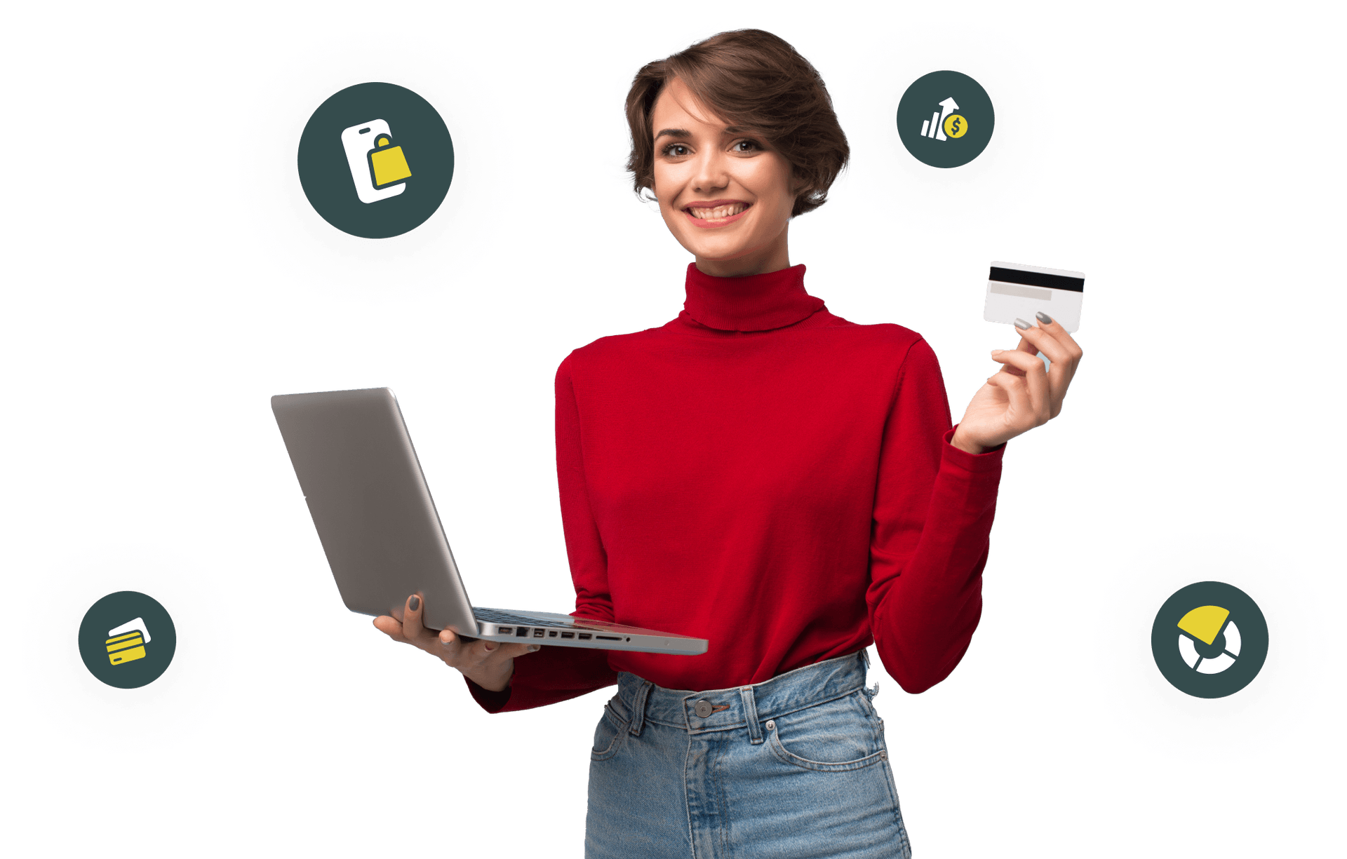 Woman in red sweater with laptop and credit card